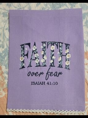 Faith Over Fear Lavender Embroidered Kitchen Towel